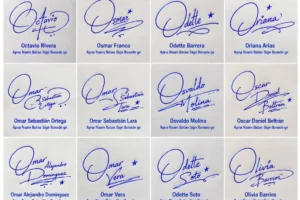 Collage de firmas con la letra O para nombres latinos con curvas y rúbrica manuscrita.
