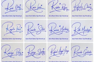 Collage de firmas con la letra R para nombres latinos con ideas elegantes manuscritas.