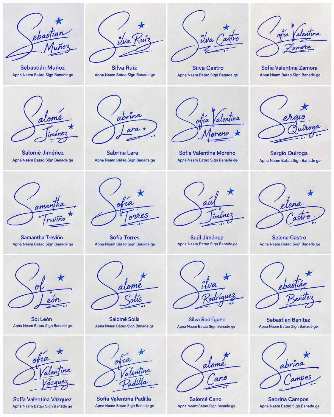 Collage de firmas con la letra S para nombres latinos con 20 estilos manuscritos.