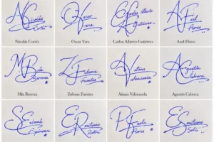 Collage de firmas con letras entrelazadas y 20 diseños manuscritos en tinta azul.