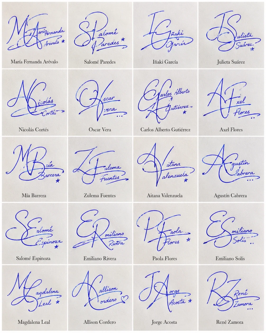 Firmas con Letras Entrelazadas: diseños creativos Collage de firmas con letras entrelazadas y 20 diseños manuscritos en tinta azul.