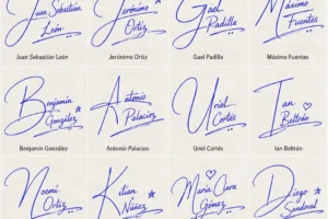 Collage de Firmas con Letras Grandes con 20 nombres latinos en estilo manuscrito.