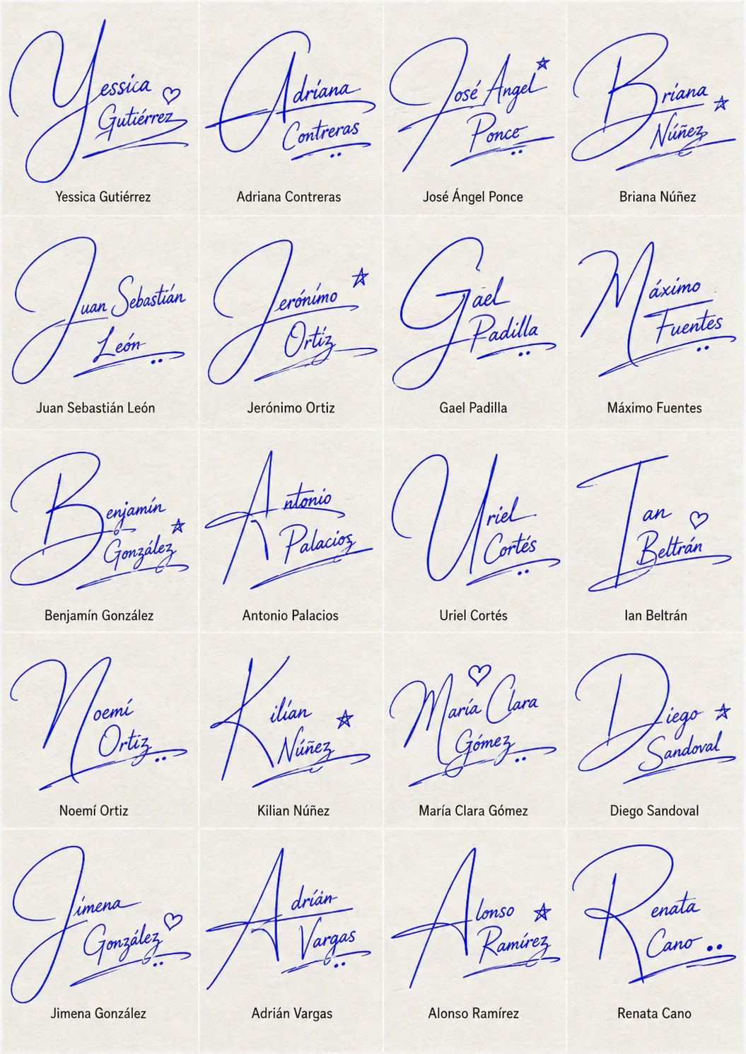 Firmas con Letras Grandes Collage de Firmas con Letras Grandes con 20 nombres latinos en estilo manuscrito.