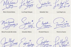 Collage de firmas con nombre y apellido en estilo manuscrito para nombres latinos.