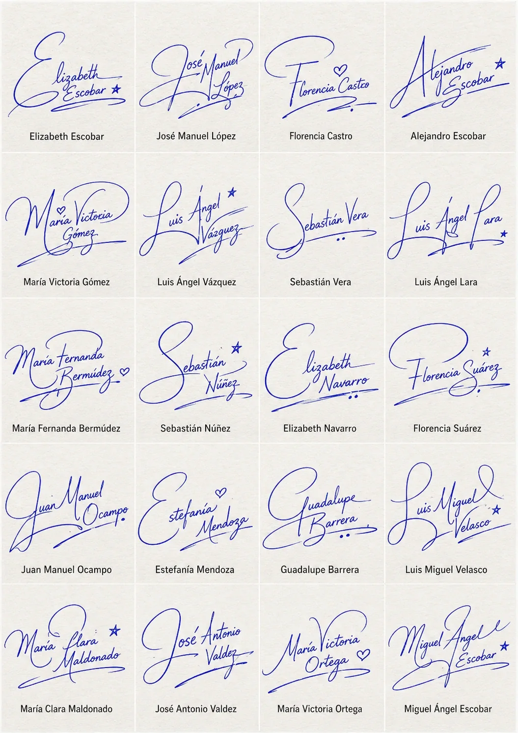 Collage de firmas con nombre y apellido en estilo manuscrito para nombres latinos.