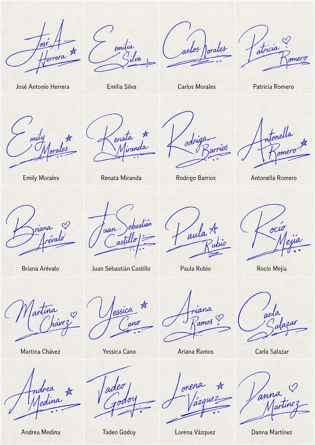 Firmas con Rúbrica Collage de Firmas con Rúbrica con 20 nombres latinos en estilo manuscrito.