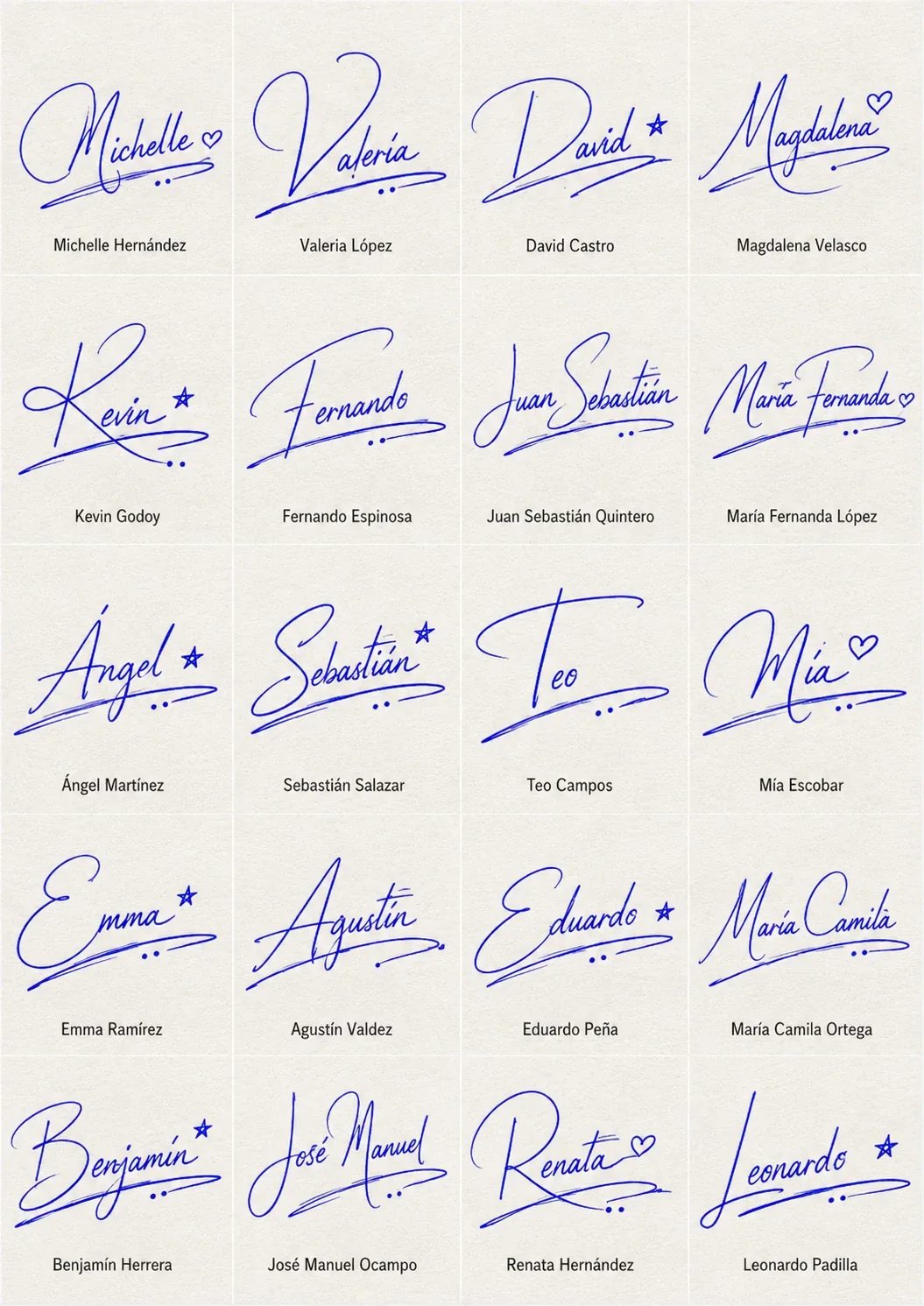 Firmas con Subrayado Collage de Firmas con Subrayado con 20 nombres latinos en estilo manuscrito.