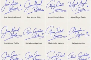 Collage de Firmas con Trazos Largos con 20 nombres latinos en estilo manuscrito.