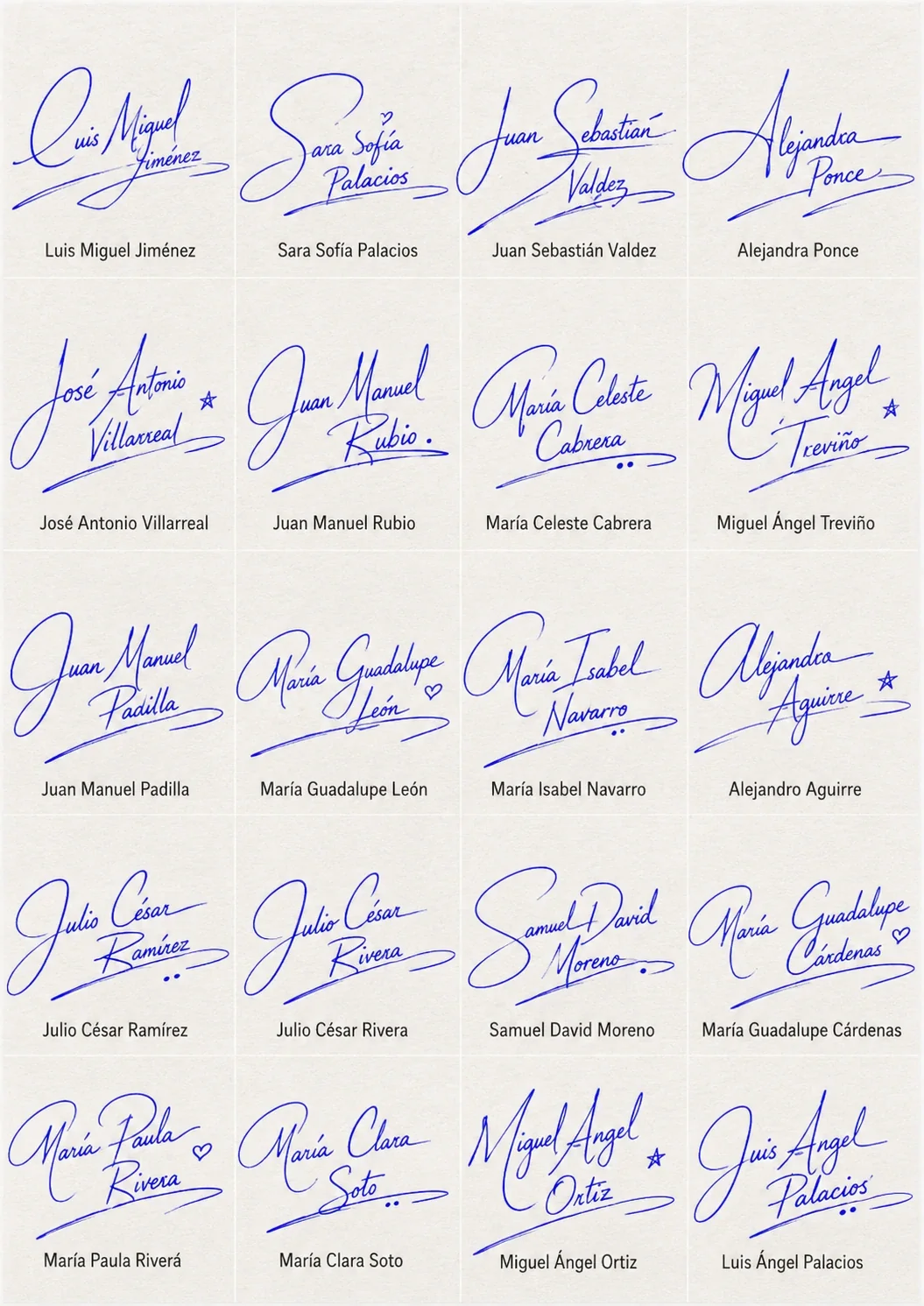 Collage de Firmas con Trazos Largos con 20 nombres latinos en estilo manuscrito.