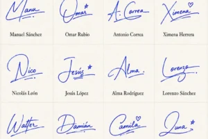 Collage de Firmas Cortas para Nombres con 20 nombres latinos en estilo manuscrito.