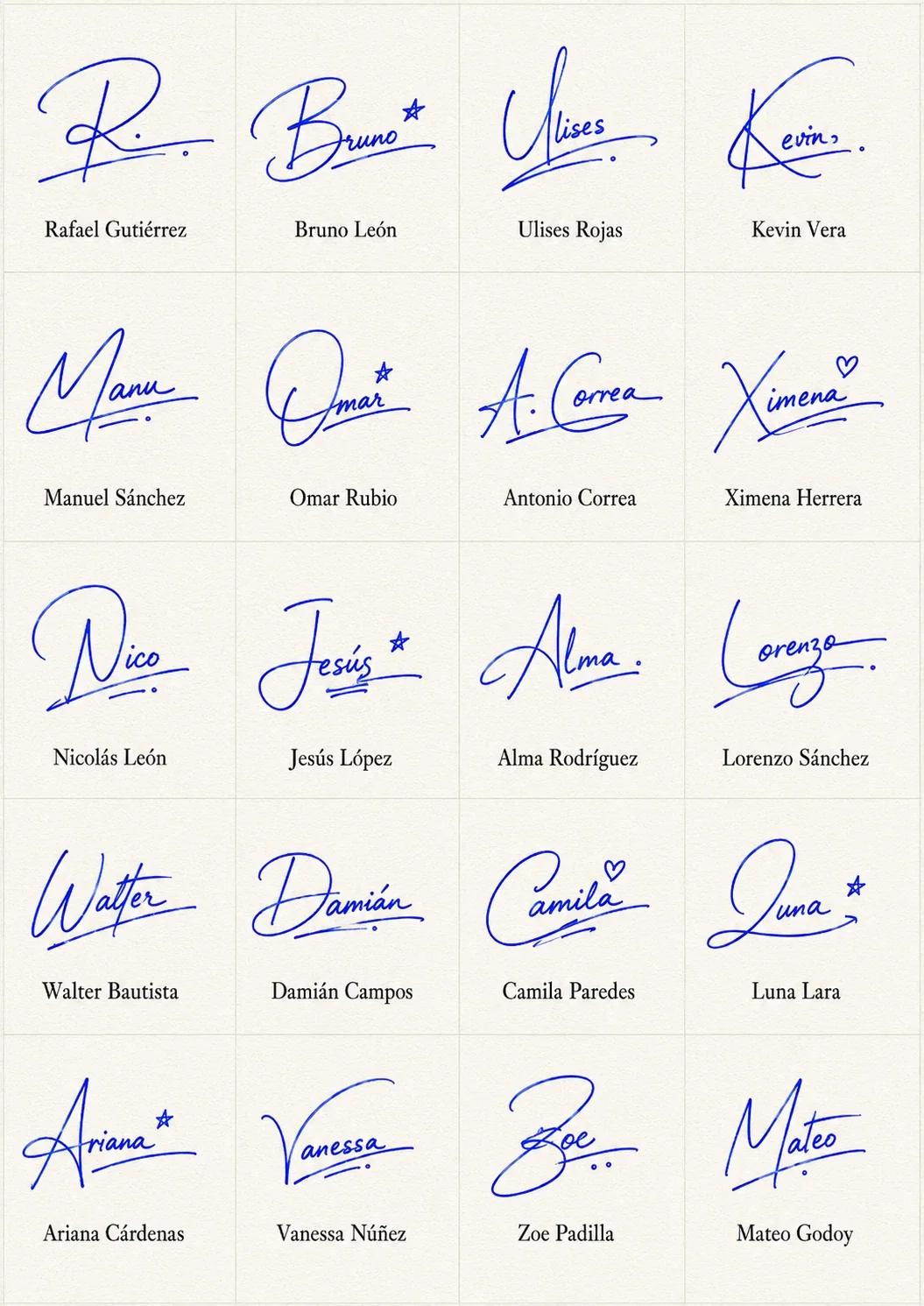 Firmas Cortas para Nombres Collage de Firmas Cortas para Nombres con 20 nombres latinos en estilo manuscrito.
