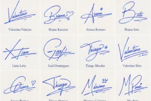 Collage de firmas creativas para nombres con iniciales transformadas, estrellas, corazones y subrayados originales.