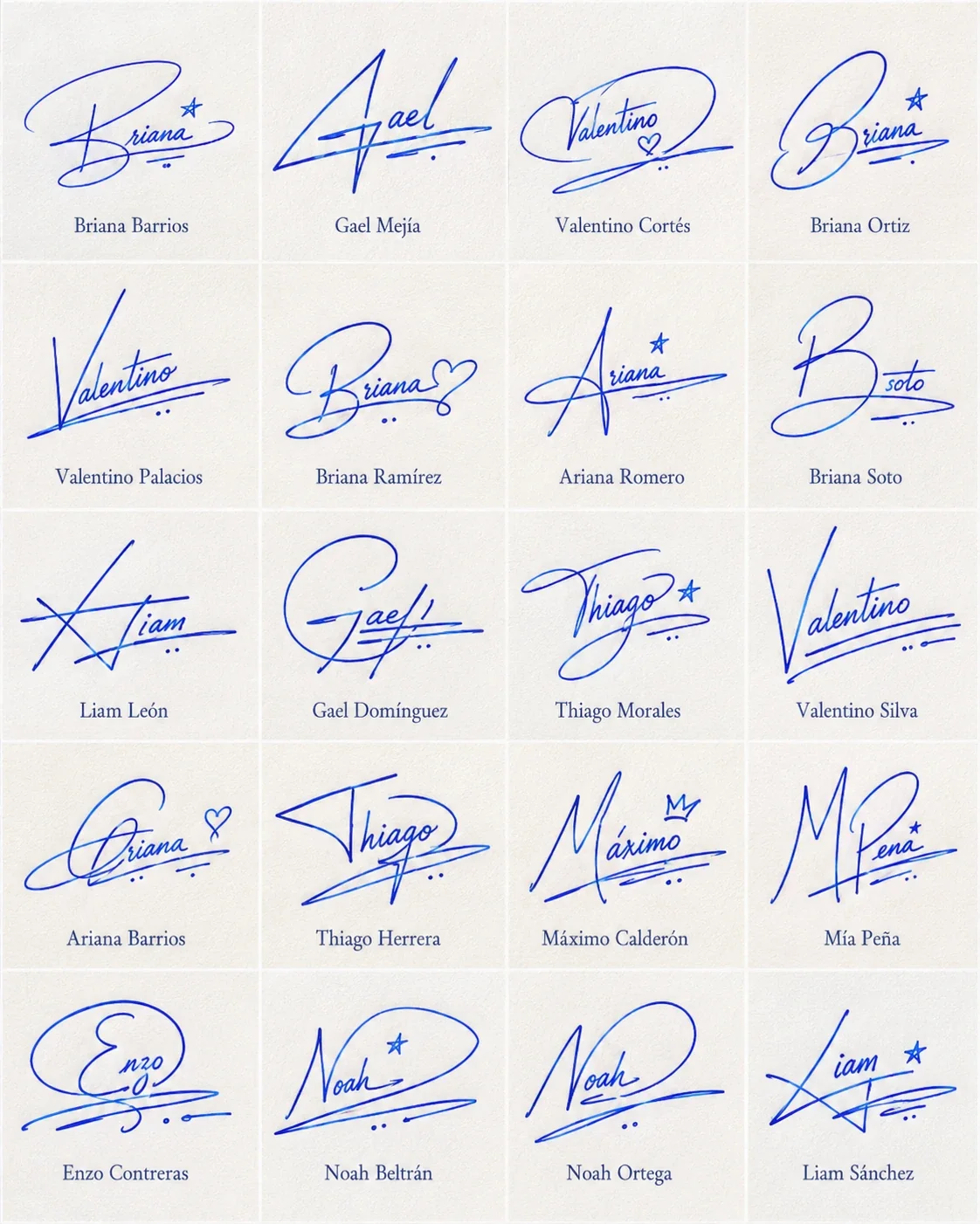 Collage de firmas creativas para nombres con iniciales transformadas, estrellas, corazones y subrayados originales.