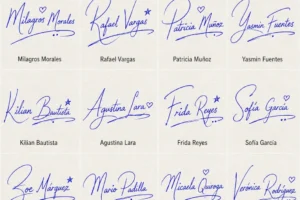 Collage de Firmas Cursivas para Nombres con 20 nombres latinos en estilo manuscrito.