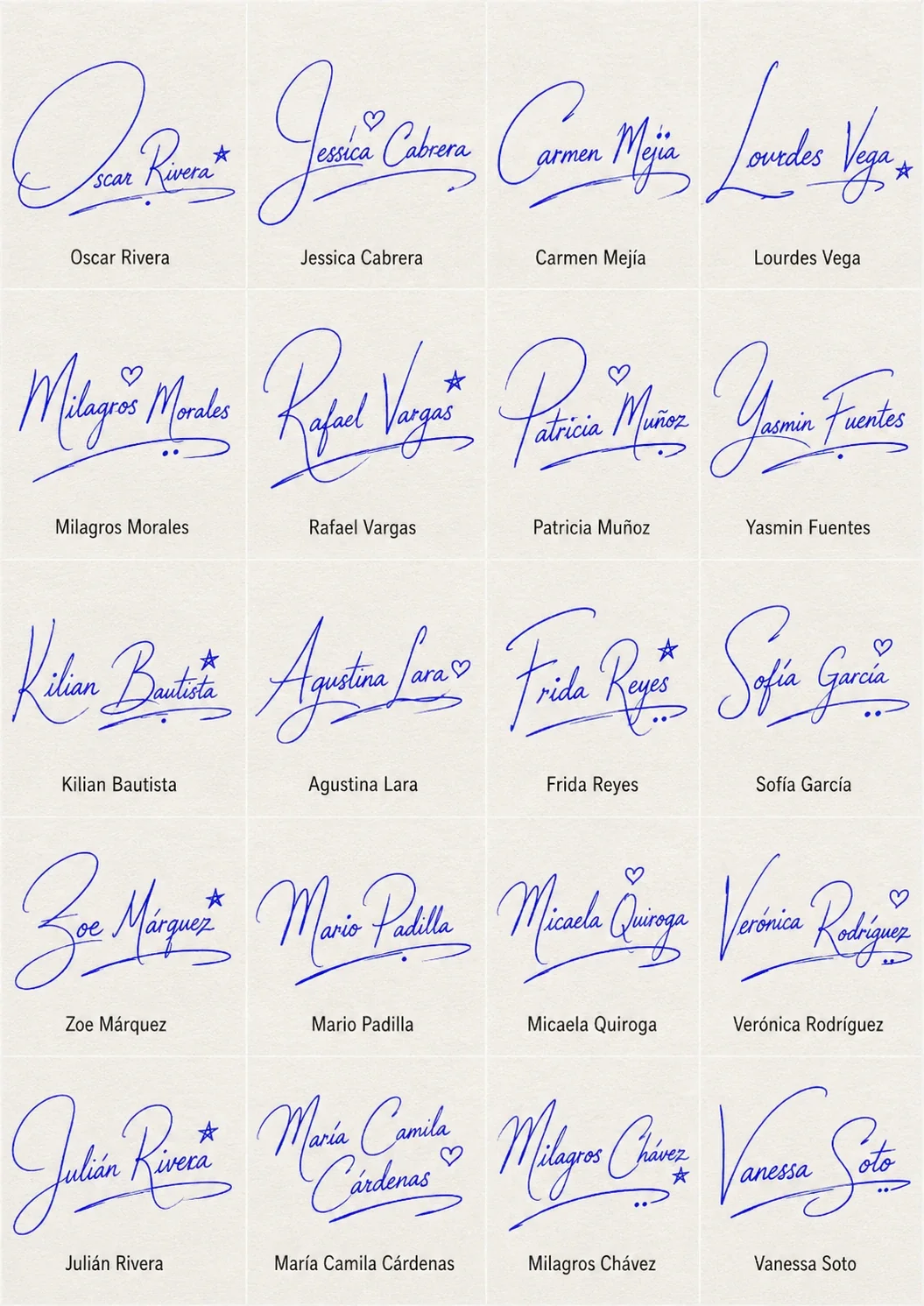 Firmas Cursivas para Nombres Collage de Firmas Cursivas para Nombres con 20 nombres latinos en estilo manuscrito.