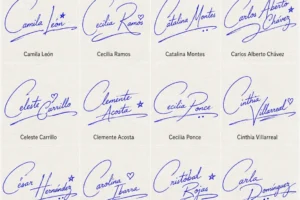 Collage de Firmas en Letra Cursiva con 20 nombres latinos en estilo manuscrito.