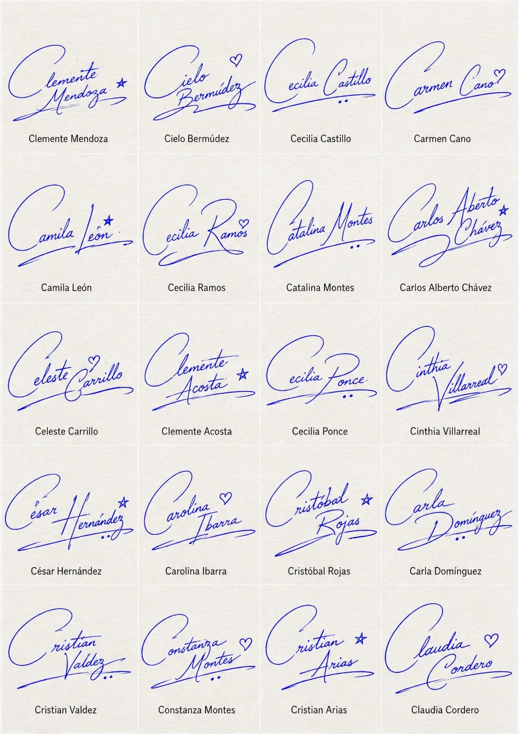 Firmas en Letra Cursiva Collage de Firmas en Letra Cursiva con 20 nombres latinos en estilo manuscrito.