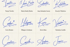 Collage de firmas fáciles de practicar con 20 nombres latinos y trazos manuscritos fluidos.