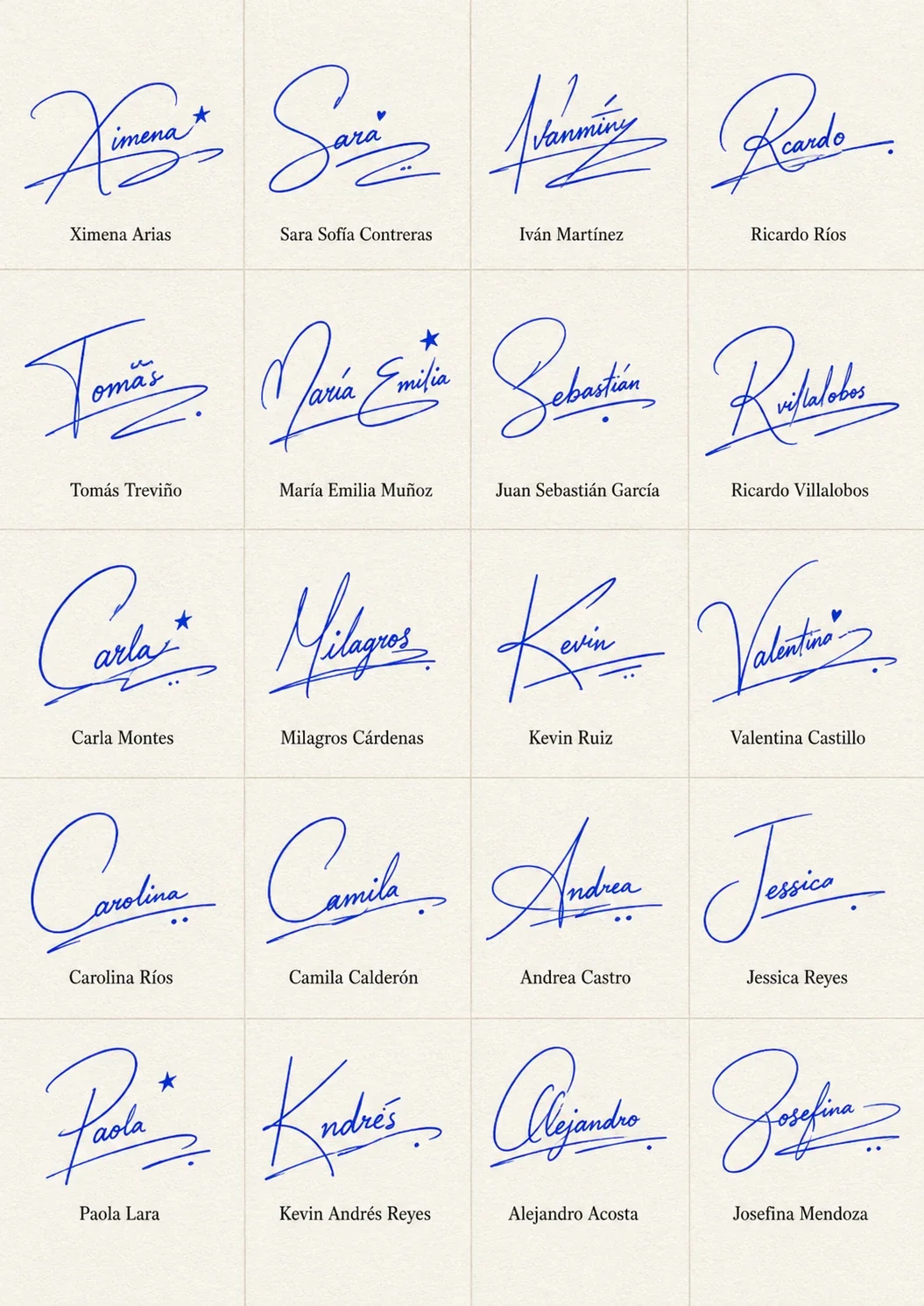 Firmas fáciles de practicar: guía visual Collage de firmas fáciles de practicar con 20 nombres latinos y trazos manuscritos fluidos.