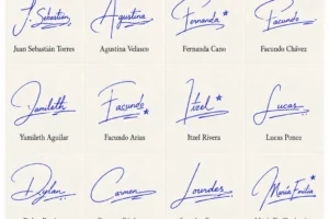 Collage de firmas fáciles y elegantes para documentos personales con 20 nombres latinos.