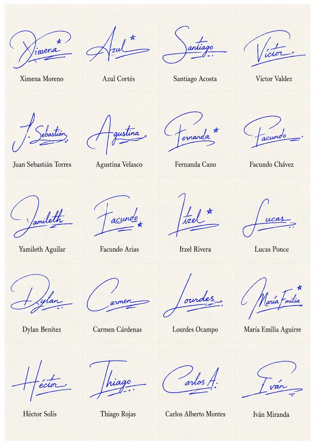 Firmas fáciles y elegantes para documentos personales Collage de firmas fáciles y elegantes para documentos personales con 20 nombres latinos.