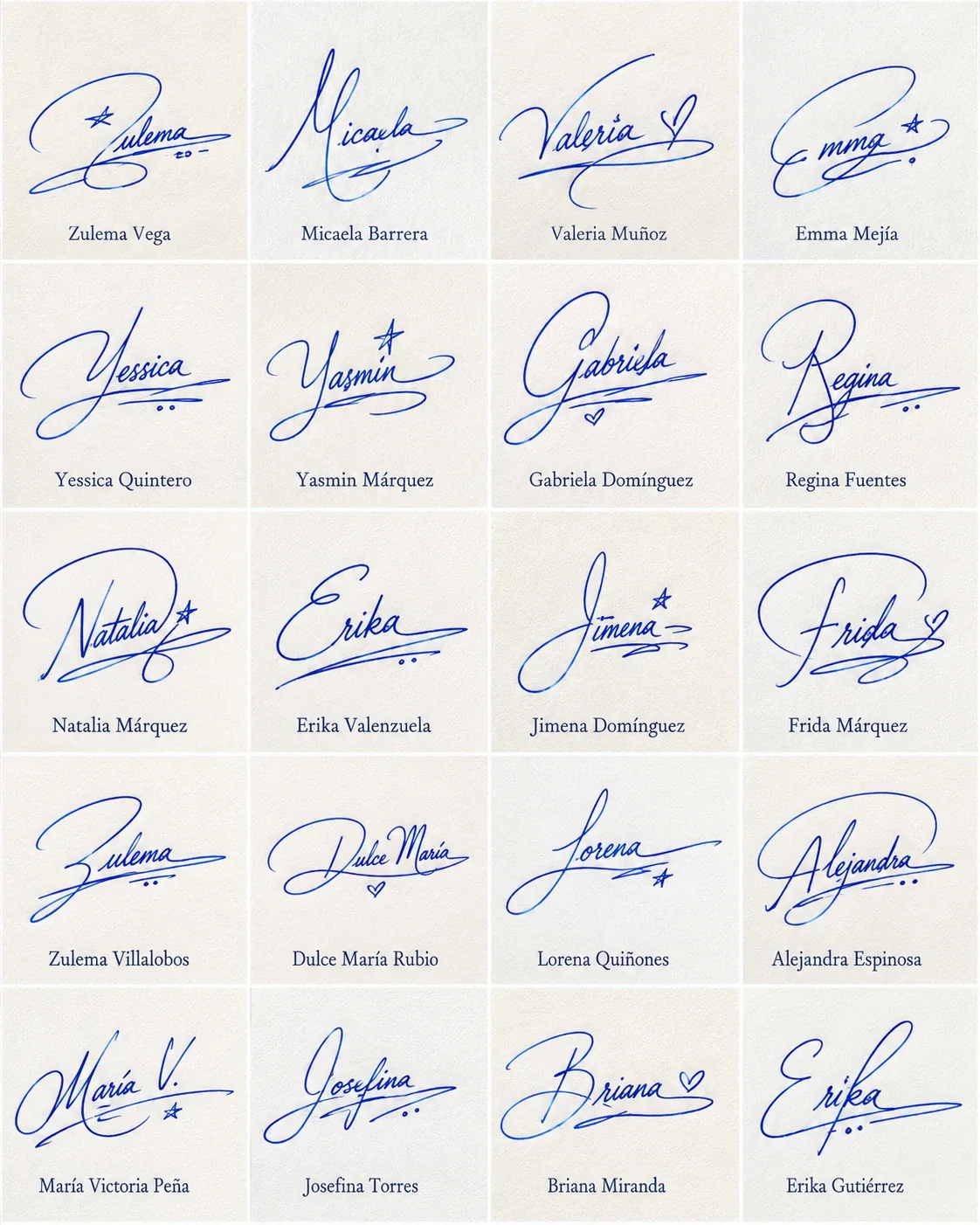 Collage de firmas femeninas bonitas con ideas elegantes y manuscritas para nombres latinos.