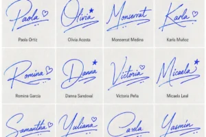 Collage de firmas lindas para nombres de mujer y hombre con 20 ideas manuscritas para inspiración.
