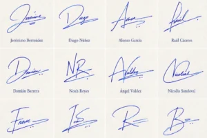 Collage de firmas masculinas elegantes con diseños fuertes, simples y manuscritos para nombres latinos.