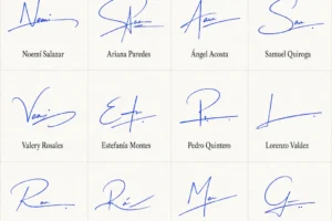 Collage de firmas minimalistas para nombres con 20 ejemplos manuscritos de estilo limpio.