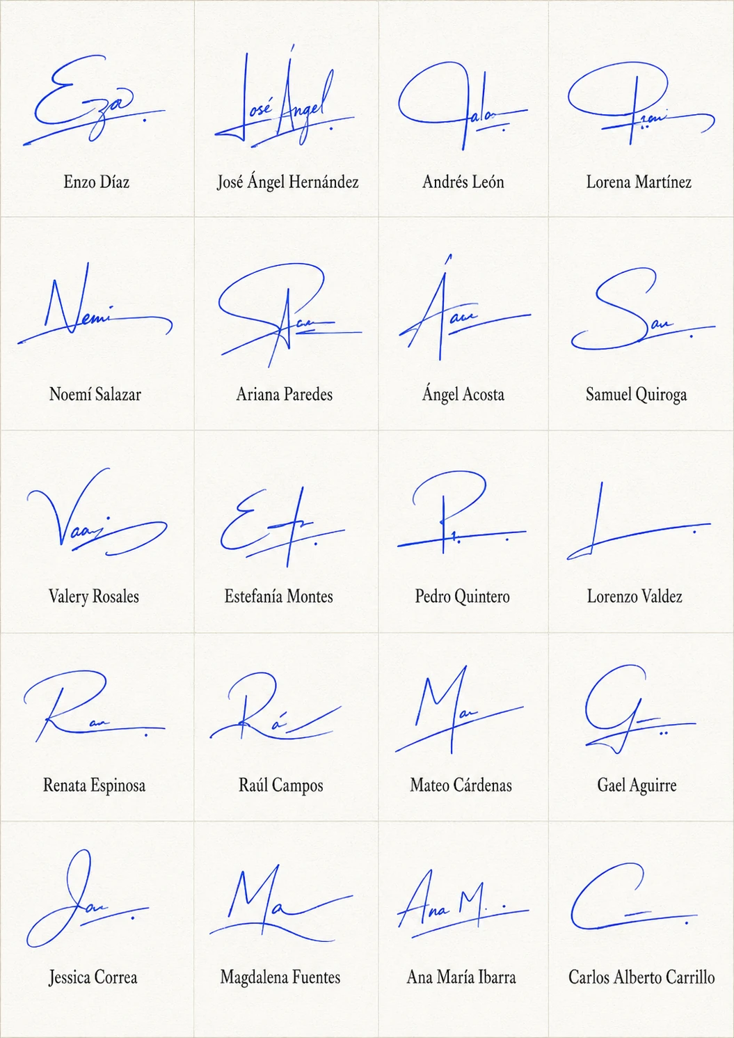 Firmas Minimalistas para Nombres: estilos limpios Collage de firmas minimalistas para nombres con 20 ejemplos manuscritos de estilo limpio.