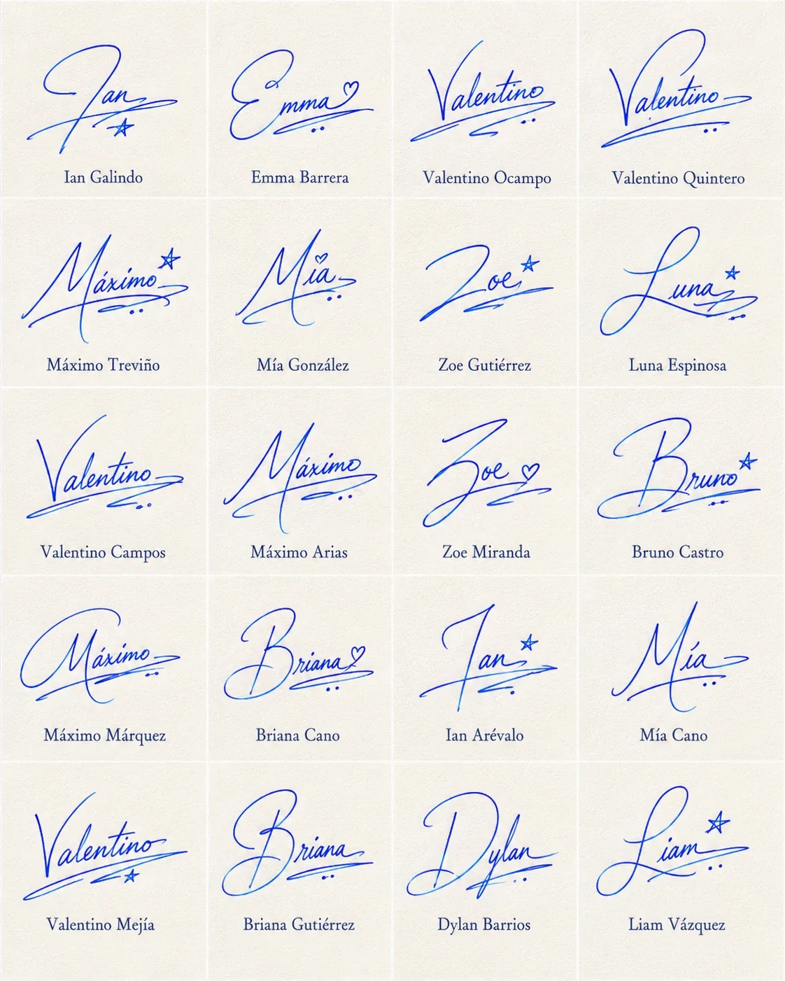 Firmas Modernas para Nombres: ideas con estilo Collage de firmas modernas para nombres con iniciales amplias, trazos fluidos y cierres en tinta azul.