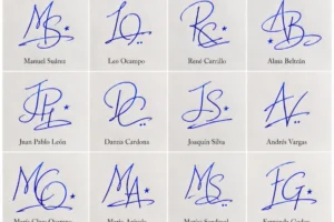 Collage de firmas monograma con 20 pares de iniciales manuscritas en tinta azul.