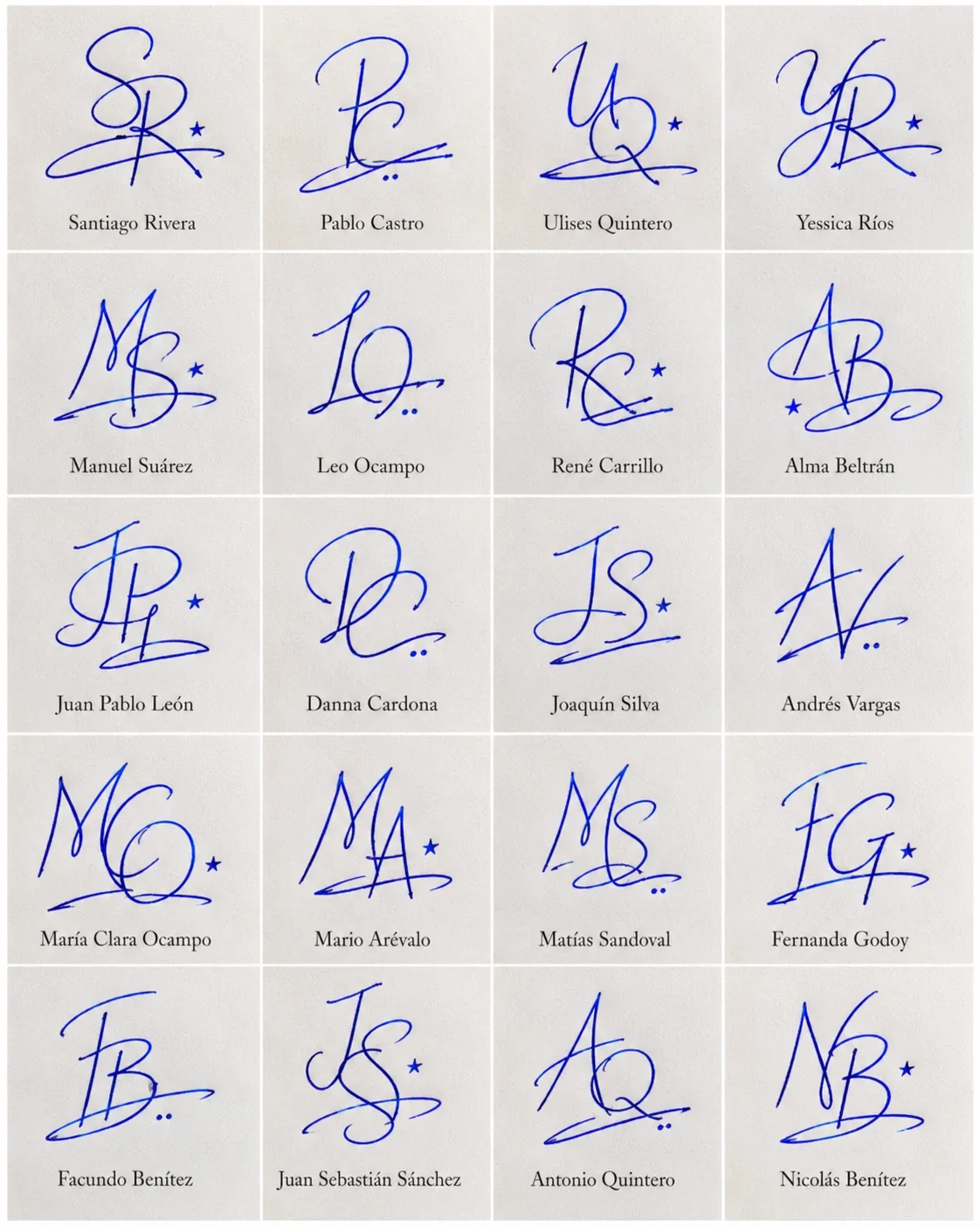 Firmas Monograma para Nombres: ideas con iniciales Collage de firmas monograma con 20 pares de iniciales manuscritas en tinta azul.