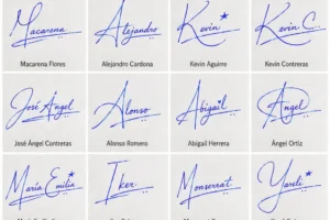 Collage de firmas para cédula con estilos manuscritos para nombres latinos.