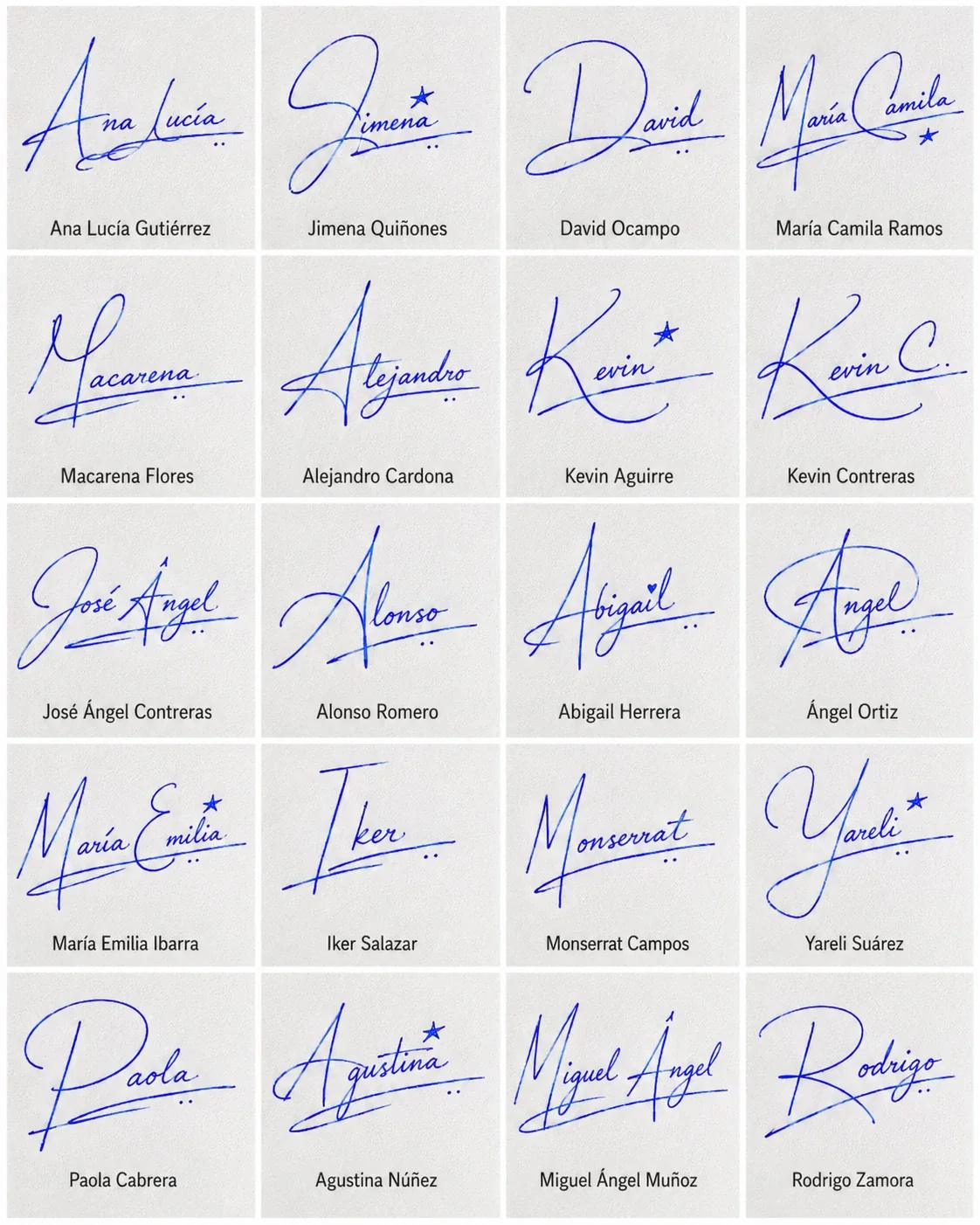Firmas para cédula manuscritas Collage de firmas para cédula con estilos manuscritos para nombres latinos.