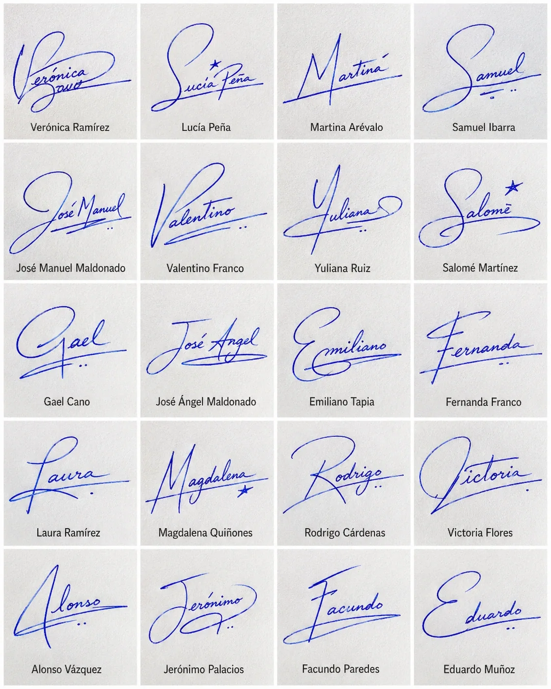 Collage de firmas para credencial con ideas manuscritas bonitas para nombres latinos.