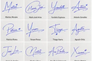 Collage de firmas para estudiantes con ejemplos manuscritos simples, iniciales y cierres en tinta azul.