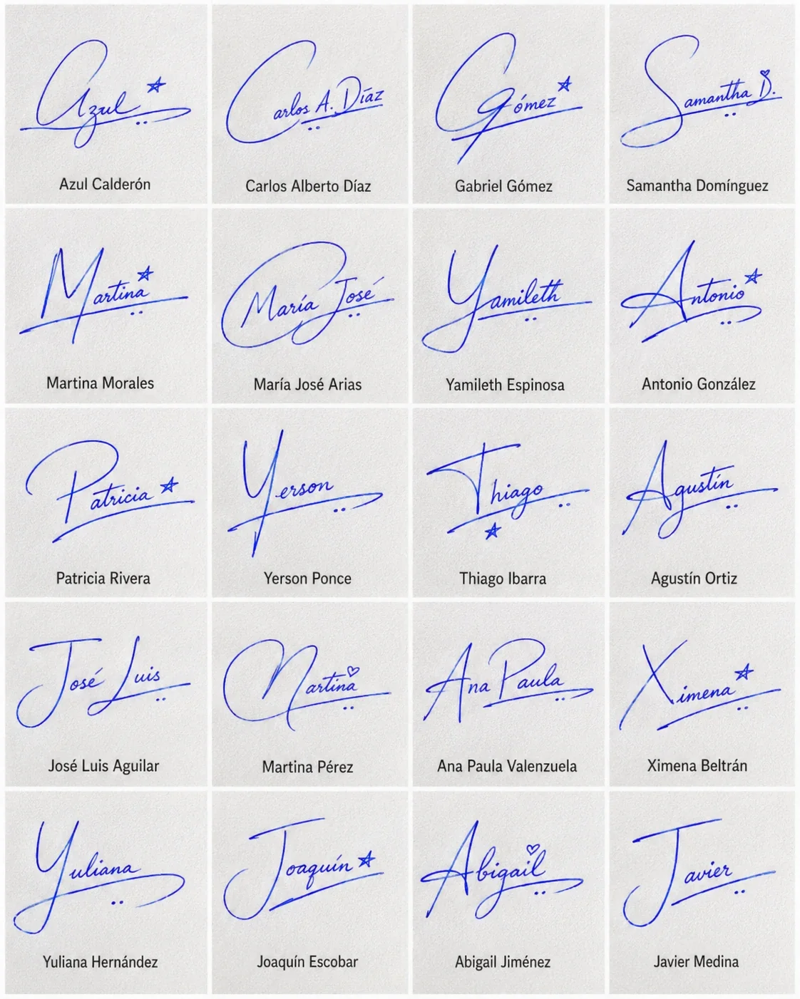 Firmas para Estudiantes: ideas bonitas y simples Collage de firmas para estudiantes con ejemplos manuscritos simples, iniciales y cierres en tinta azul.
