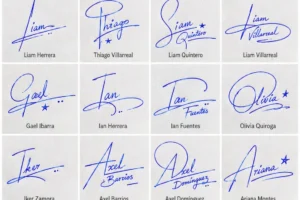 Collage de firmas para jóvenes con 20 nombres, iniciales modernas y trazos manuscritos en tinta azul.