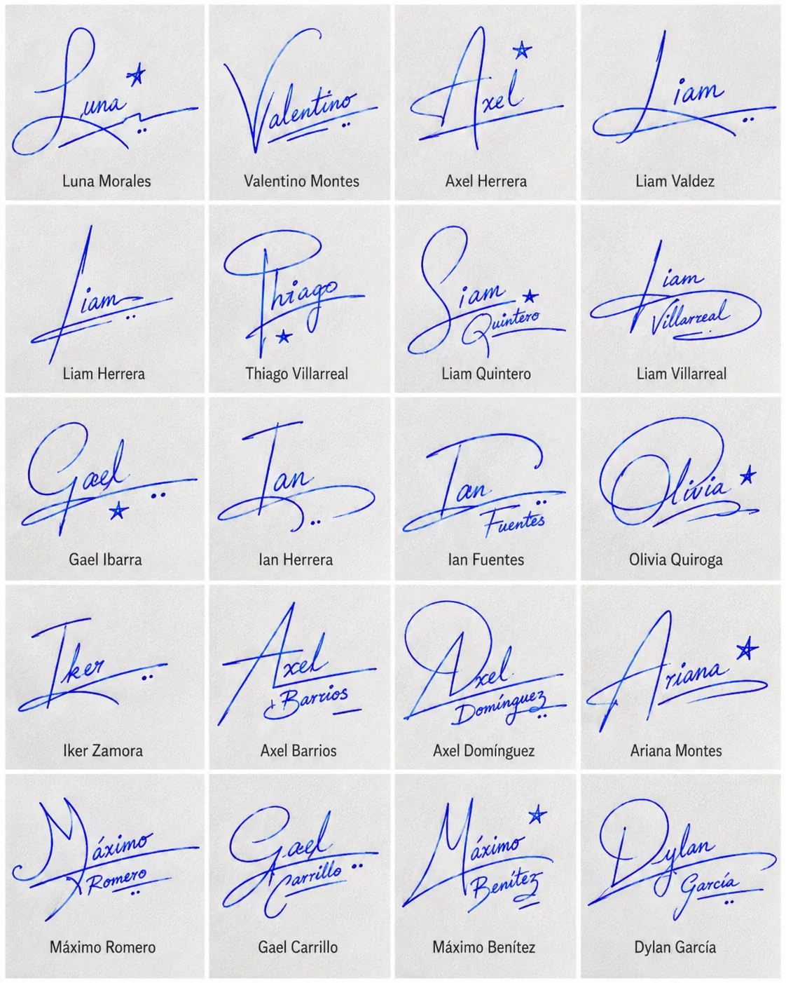 Firmas para Jóvenes: estilos modernos y manuscritos Collage de firmas para jóvenes con 20 nombres, iniciales modernas y trazos manuscritos en tinta azul.