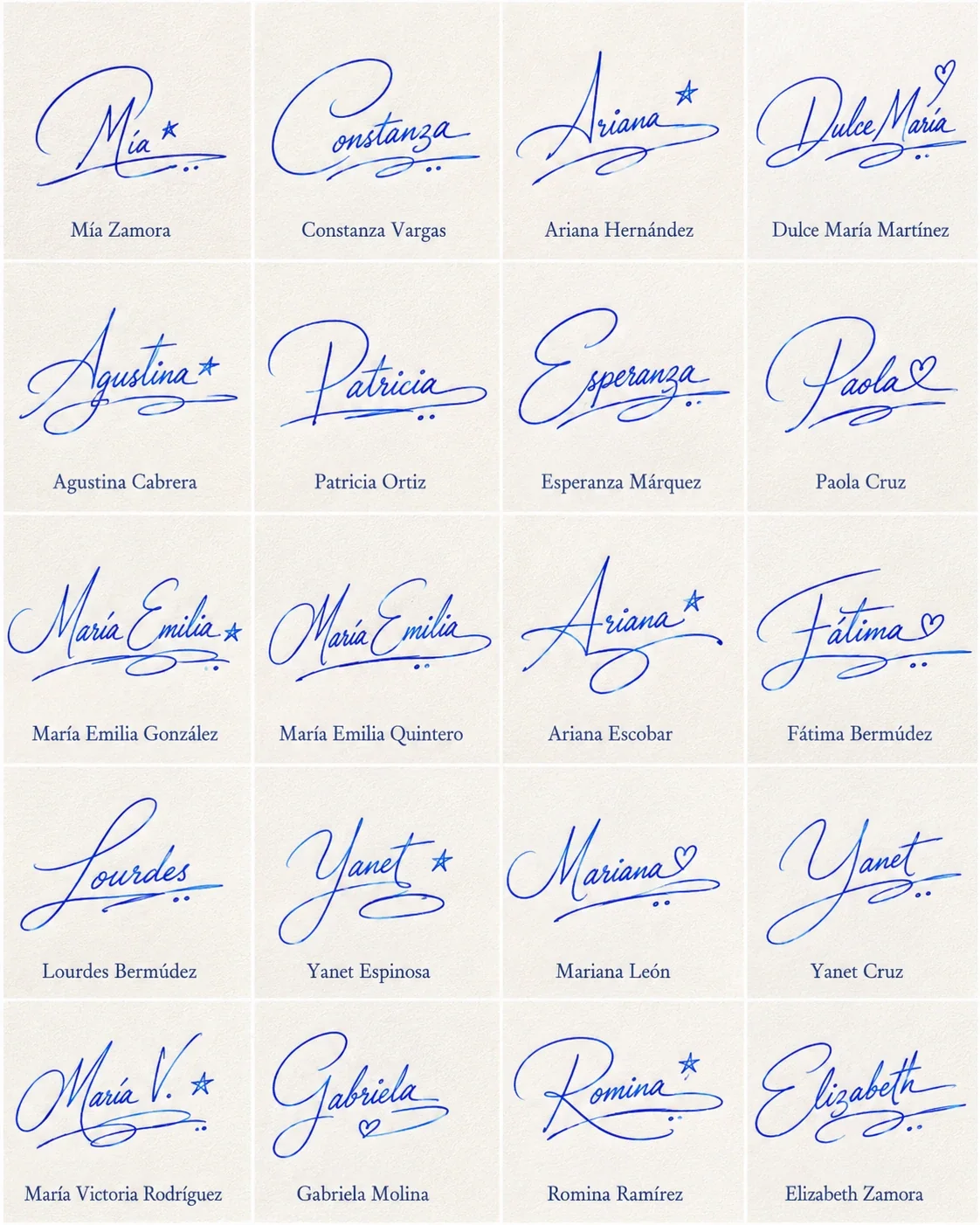 Collage de firmas para nombres de mujer con 20 ideas manuscritas bonitas y elegantes.