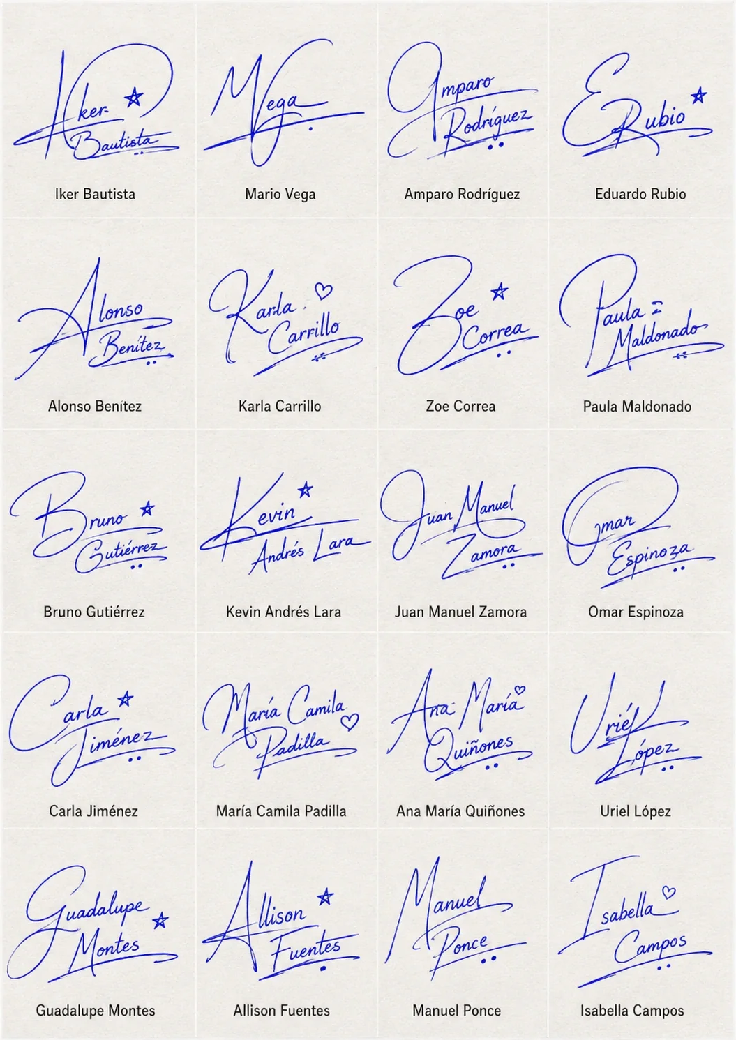 Collage de firmas para nombres latinos con diseños manuscritos elegantes.
