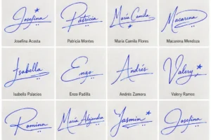 Collage de firmas para trámites con diseños manuscritos fáciles de repetir y nombres latinos.
