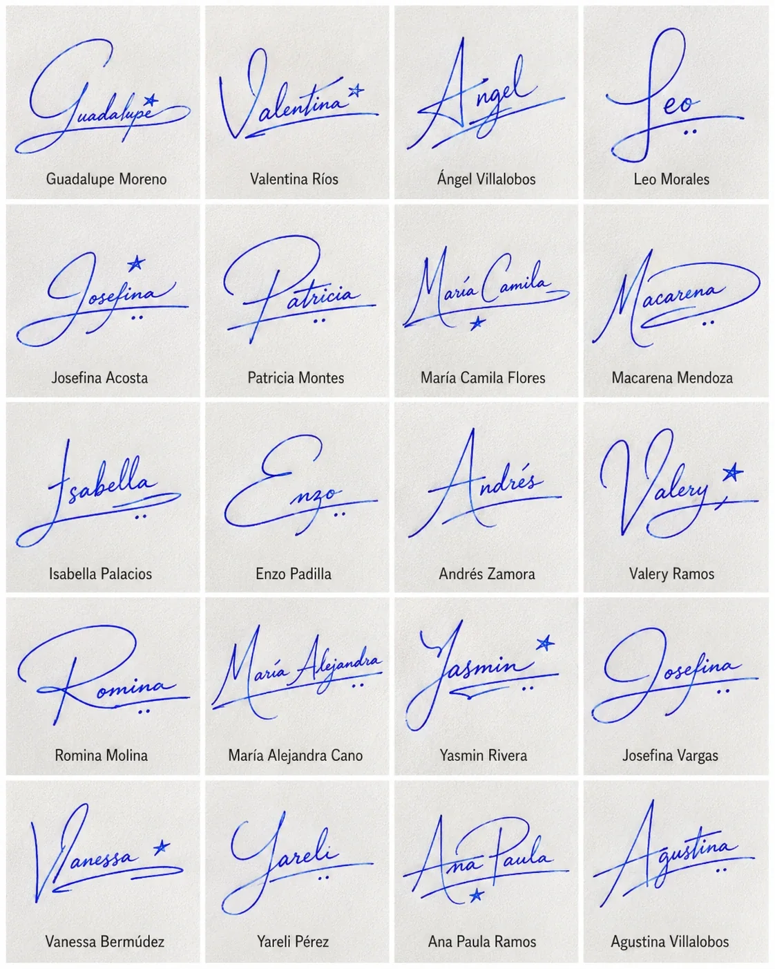 Collage de firmas para trámites con diseños manuscritos fáciles de repetir y nombres latinos.