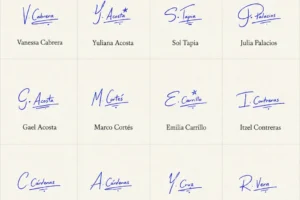 Collage de firmas pequeñas para nombres con 20 ejemplos manuscritos compactos y claros.