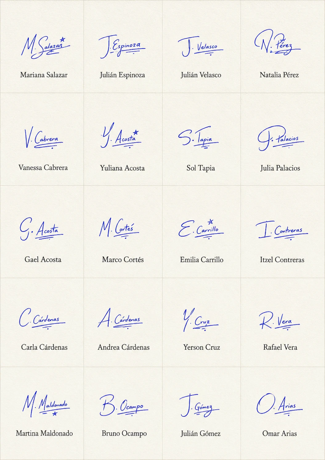 Firmas pequeñas para nombres: diseños cortos y claros Collage de firmas pequeñas para nombres con 20 ejemplos manuscritos compactos y claros.