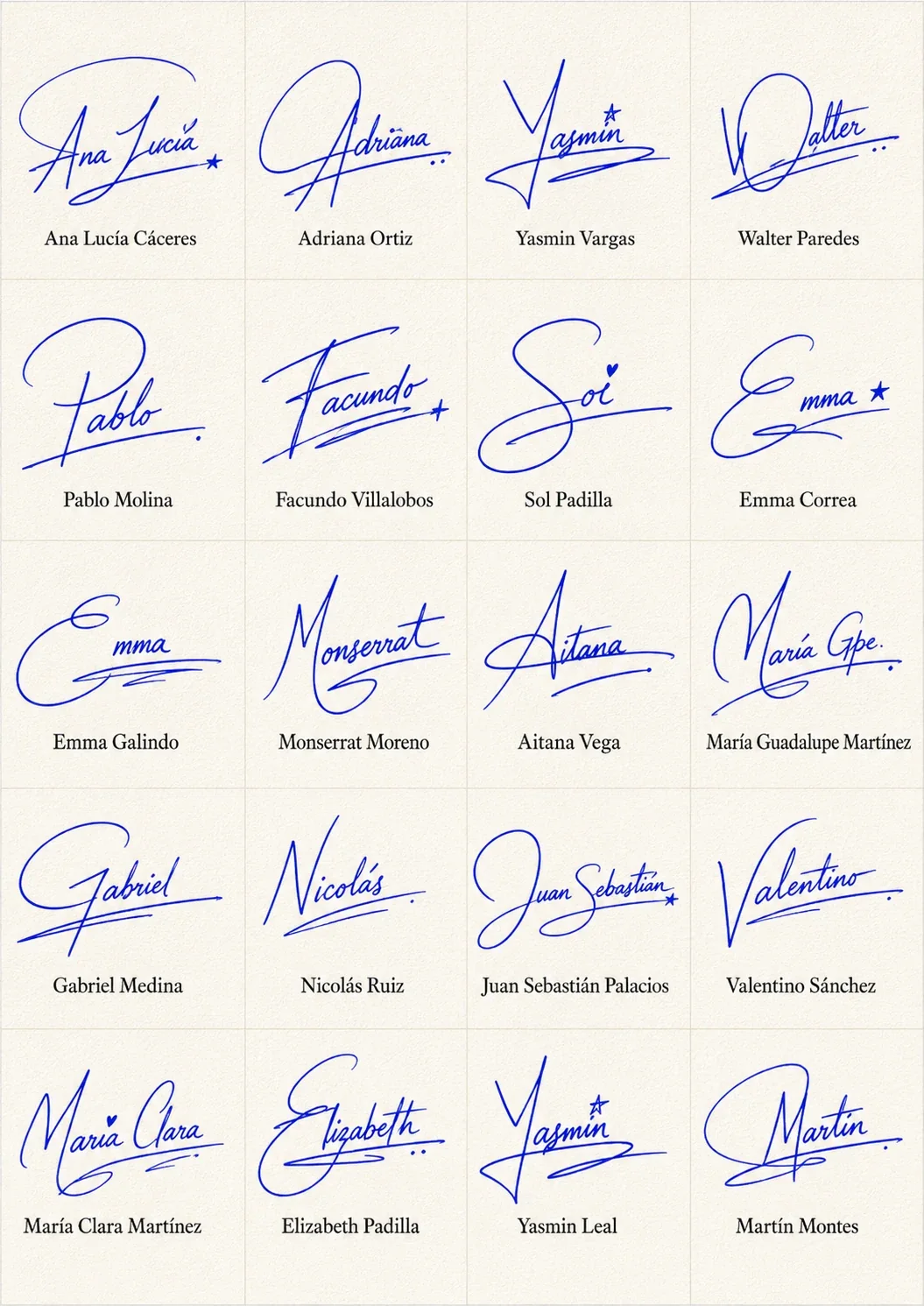 Firmas Rápidas y Bonitas para Usar como Inspiración Collage de Firmas Rápidas y Bonitas para Usar como Inspiración con 20 nombres latinos en estilo manuscrito.