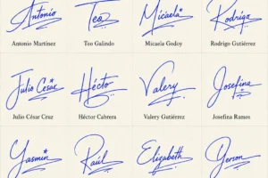 Collage de firmas sencillas para nombres con 20 ejemplos manuscritos claros y bonitos.