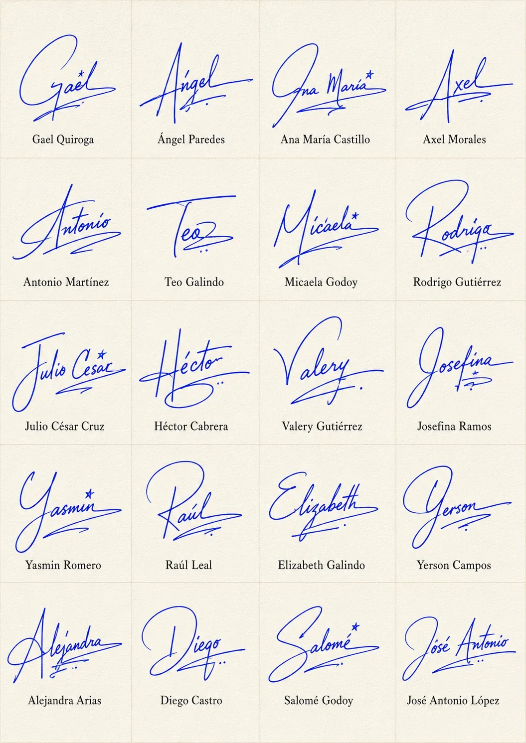 Firmas sencillas para nombres: ejemplos manuscritos Collage de firmas sencillas para nombres con 20 ejemplos manuscritos claros y bonitos.