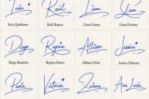 Collage de Firmas Simples con Nombre con 20 nombres latinos en estilo manuscrito.